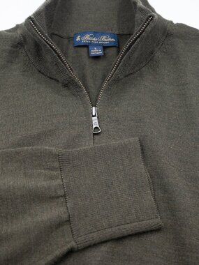 Brooks Brothers Extra Fine Merino Wool 1/4 Zip Olive Green Sweater